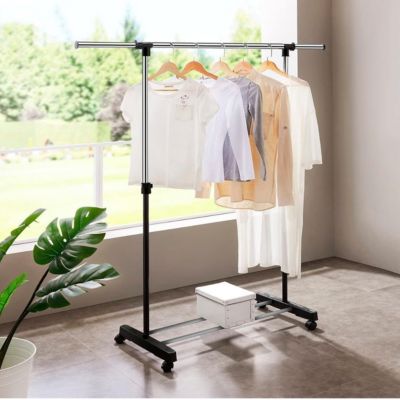 Portant à vêtements Inoxydable Extensible avec Roulettes et Étagère à Chaussures coloris noir - L 80 x p 43 x H 90-160 cm