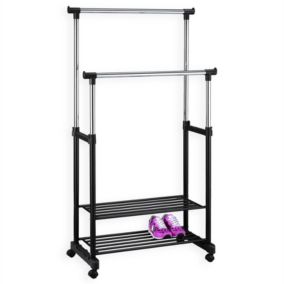 Portant à vêtements NELMA penderie double sur roulettes vestiaires mobile avec 2 barres réglables en hauteur et 2 étagères chromé