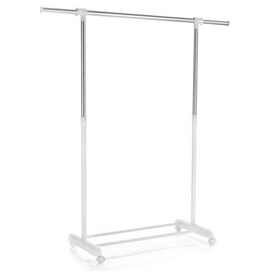 Portant à vêtements SALA en métal chromé et blanc, penderie simple sur roulettes avec 1 barre extensible hauteur réglable