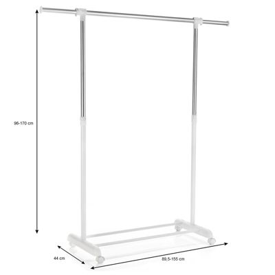 Portant à vêtements SALA en métal chromé et blanc, penderie simple sur roulettes avec 1 barre extensible hauteur réglable