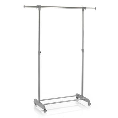 Portant à vêtements SALA en métal chromé et gris, penderie simple sur roulettes avec 1 barre extensible hauteur réglable