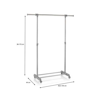 Portant à vêtements SALA en métal chromé et gris, penderie simple sur roulettes avec 1 barre extensible hauteur réglable