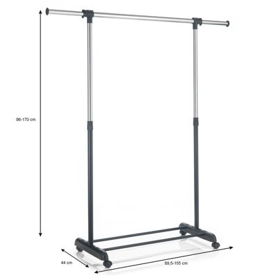 Portant à vêtements SALA en métal chromé et noir, penderie simple sur roulettes avec 1 barre extensible hauteur réglable