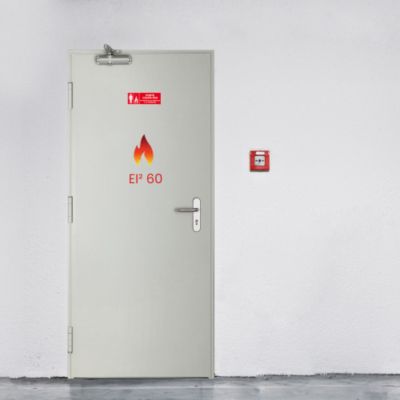 Porte acier coupe-feu EI60 1 vantail FOX - blanc RAL 9010 - H.210x90.L - huisserie L pose tunnel - poussant droit