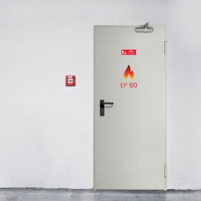 Porte acier coupe-feu EI60 1 vantail FOX - blanc RAL 9010 - H.215x80.L cm - huisserie Z pose tunnel affleurant - poussant gauche