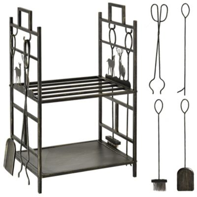Porte-bûches en fer forgé antirouille avec 4 outils, range bûches intérieur extérieur