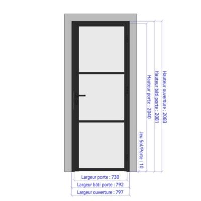 Porte battante blanche H 2040 x L 730 mm - 3 verres clairs horizontaux + béquille noire