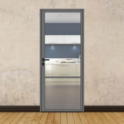 Porte battante gris anthracite H 2040 x L 830 mm - 3 verres clairs horizontaux + béquille noire