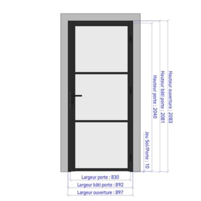Porte battante gris anthracite H 2040 x L 830 mm - 3 verres clairs horizontaux + béquille noire