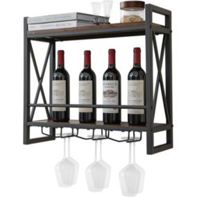 Porte Bouteille Mural à 2 Niveaux Casier à Vin Suspendu en Métal Antirouille avec 3 Rangées de Porte Gobelets Noir et Marron