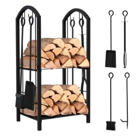 Porte buches cheminee avec 4 outils en metal noir VOUNOT