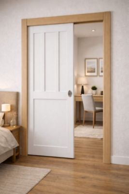 Porte Coulissante Atelier Blanc 2 Panneaux H204 X L83 Cm, Galandage, Kit De Finition Gd Menuiseries