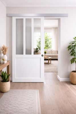 Porte Coulissante Atelier Blanc H204 X L73 Cm, Rail Alu, Coquilles Gd Menuiseries