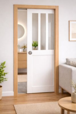 Porte Coulissante Atelier Blanc H204 X L83 Cm, Galandage, Kit De Finition Gd Menuiseries