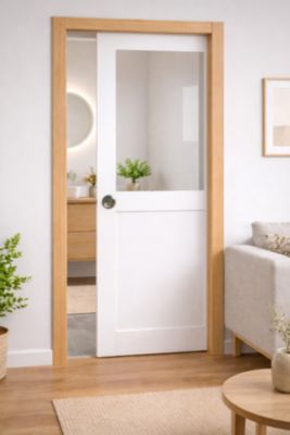 Porte Coulissante Atelier Blanc H204 X L83 Cm Sans Meneau, Galandage, Kit Finition (coquille Et Tire Doigt) Gd Menuiseries