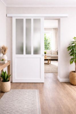 Porte Coulissante Atelier Blanc Vitre Depoli H204 X L73 Cm, Rail Alu Bandeau Blanc, Coquilles Blanc Gd Menuiseries