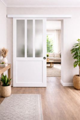 Porte Coulissante Atelier Blanc Vitre Depoli H204 X L73 Cm, Rail Alu Bandeau Blanc, Coquilles Gd Menuiseries