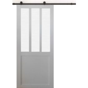 Porte Coulissante Atelier Blanc Vitre Depoli H204 X L73 + Rail A Roulettes Et 2 Coquilles Gd Menuiseries