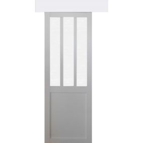 Porte Coulissante Atelier Blanc Vitre Depoli H204 X L73 + Rail Alu Bandeau Blanc Gd Menuiseries