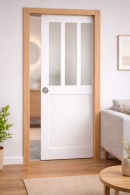 Porte Coulissante Atelier Blanc Vitre Depoli H204 X L83 Cm, Galandage, Kit De Finition Gd Menuiseries
