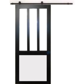 Porte Coulissante Atelier Noir Et Panneau Blanc Vitree H204 X L83 + Rail A Roulettes Noir Et 2 Coquilles Noir Gd Menuiseries
