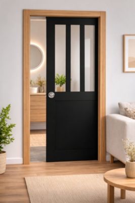Porte Coulissante Atelier Noir H204 X L73 Cm, Galandage, Kit Finition Gd Menuiseries