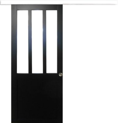 Porte Coulissante Atelier Noir H204 X L93 Cm, Rail Alu Bandeau Blanc, Coquilles Gd Menuiseries