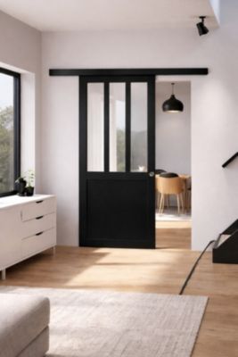 Porte Coulissante Atelier Noir H204 X L93 Cm, Rail Alu Bandeau Noir, Coquilles Gd Menuiseries