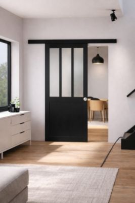 Porte Coulissante Atelier Noir Vitre Depoli H204 X L73 Cm, Rail Alu Bandeau Noir, Coquilles Gd Menuiseries