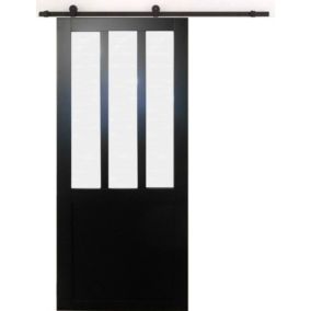 Porte Coulissante Atelier Noir Vitre Depoli H204 X L73 + Rail A Roulettes Et 2 Coquilles Gd Menuiseries