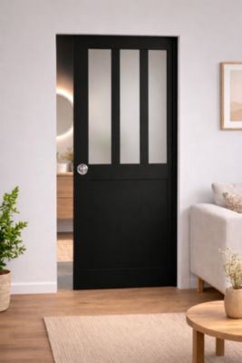 Porte Coulissante Atelier Noir Vitre Depoli H204 X L83 Cm, Galandage Gd Menuiseries