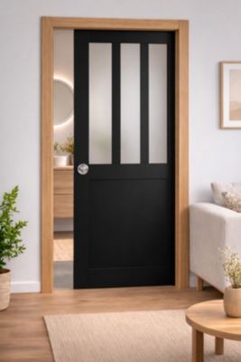 Porte Coulissante Atelier Noir Vitre Depoli H204 X L83 Cm, Galandage, Kit Finition Gd Menuiseries