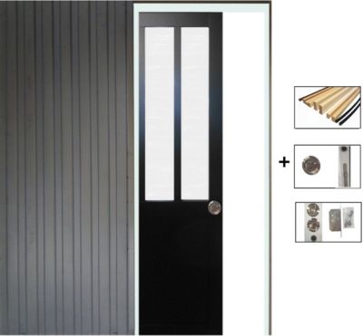 Porte Coulissante Atelier Noir Vitre Depoli H204 X L83 Cm, Galandage, Kit Finition Gd Menuiseries