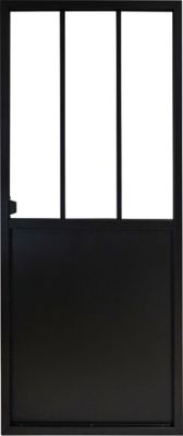 Porte coulissante atelier noire 3 carreaux, ouverture réversible 83 x 204 cm, Industrial