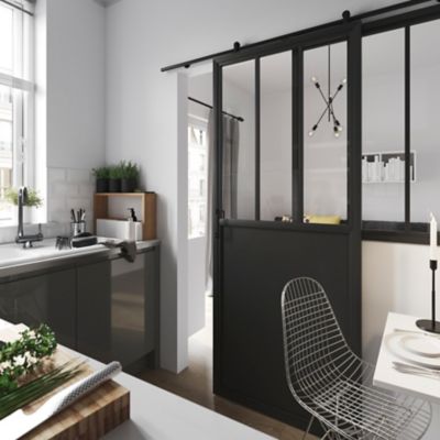 Porte coulissante Atelier noire 3 vitrages H.204 x l.83 cm