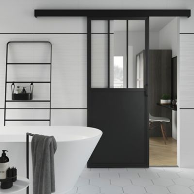 Porte coulissante Atelier noire 3 vitrages H.204 x l.83 cm