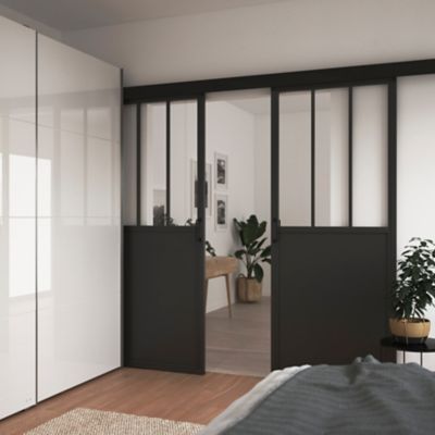 Porte coulissante Atelier noire 3 vitrages H.204 x l.83 cm