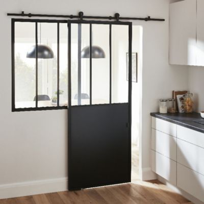 Porte coulissante Atelier noire H.204 x l.83 cm + système coulissant Indus