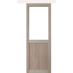 Porte Coulissante Atelier Placage Chene Vitrée H204 X L73 + Rail Alu Bandeau Blanc Et 2 Coquilles Gd Menuiseries