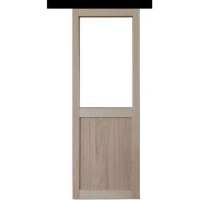 Porte Coulissante Atelier Placage Chene Vitrée H204 X L73 + Rail Alu Bandeau Noir Et 2 Coquilles Gd Menuiseries