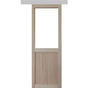 Porte Coulissante Atelier Placage Chene Vitrée H204 X L73 + Rail Alu Et 2 Coquilles Gd Menuiseries