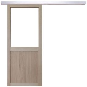 Porte Coulissante Atelier Placage Chene Vitrée H204 X L73 + Rail Alu Gd Menuiseries