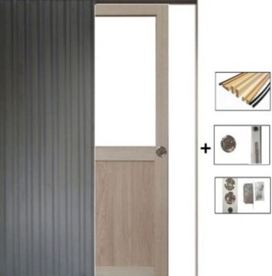 Porte Coulissante Atelier Placage Chene Vitrée H204 X L83 Cm, Galandage, Kit Finition Gd Menuiseries