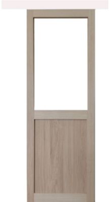 Porte Coulissante Atelier Placage Chene Vitree H204 X L83 + Rail Aluminium Bandeau Blanc Gd Menuiseries