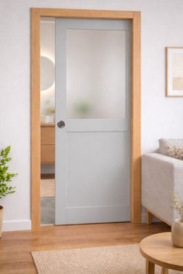 Porte Coulissante Athena Gris Clair Vitrée H204 X L83 Cm, Galandage, Kit De Finition Gd Menuiseries
