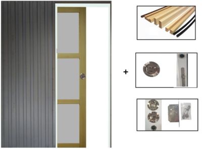 Porte Coulissante Ayous 3 Panneaux Gris Clair H204 X L83 Cm,galandage, Kit Finition Gd Menuiseries