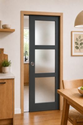 Porte Coulissante Blakeria Vitrée Gris Anthr H204 X L83 Cm, Galandage, Kit De Finition Gd Menuiseries
