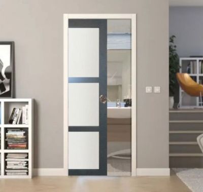 Porte Coulissante Blakeria Vitrée Gris Anthr H204 X L83 Cm, Galandage, Kit De Finition Gd Menuiseries