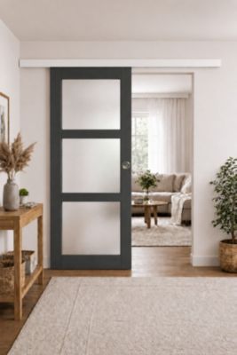 Porte Coulissante Blakeria Vitrée Gris Anthr H204 X L83 Cm, Rail Alu Bandeau Blanc, Coquilles Gd Menuiseries