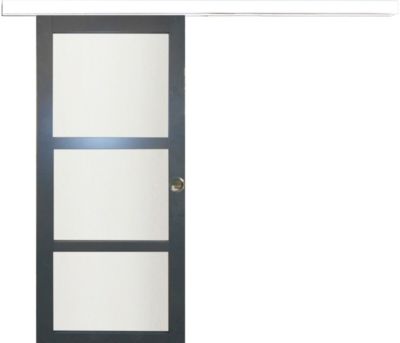 Porte Coulissante Blakeria Vitrée Gris Anthr H204 X L93 Cm, Rail Alu Bandeau Blanc, Coquilles Gd Menuiseries